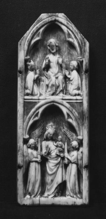 Gabled panel (fragment of a triptych; centre panel), 2 registers, 1 arch across (Front)