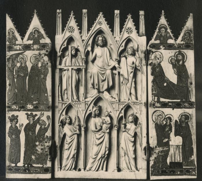 Gabled triptych, 2 registers, with painted wings (tabernacle; colonnettes) (Front)