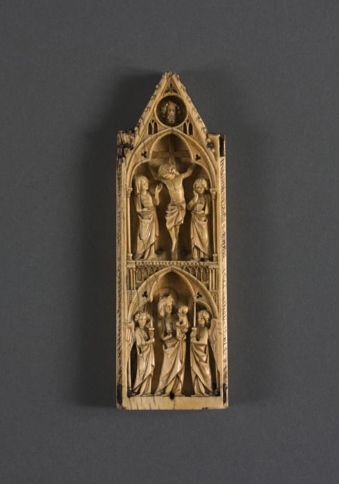 Gabled panel (probably fragment of a diptych or polyptych), 2 registers, 1 arch across (colonnettes) (Front)