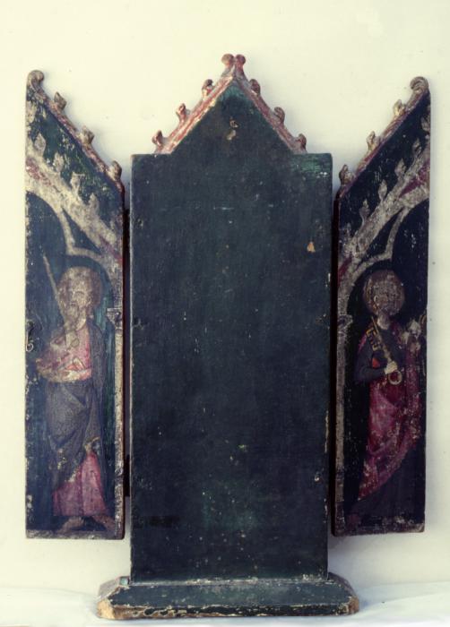 Gabled triptych, 2 registers; reliefs (appliqués) (Back)