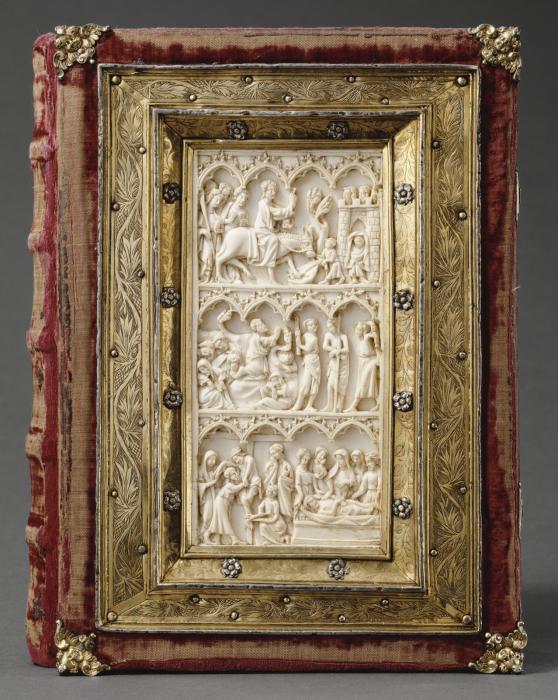 Diptych, 3 registers, 4 arches across (plaquettes; frise d'arcature); used as part of the binding of a book (Front cover)