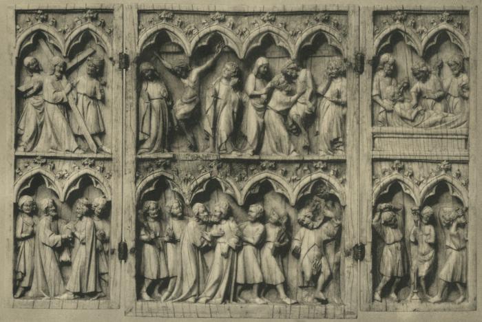 Triptych, 2 registers, 2 arches across (wings) and 4 arches across (centre panel) (frise d'arcatures) (Front)