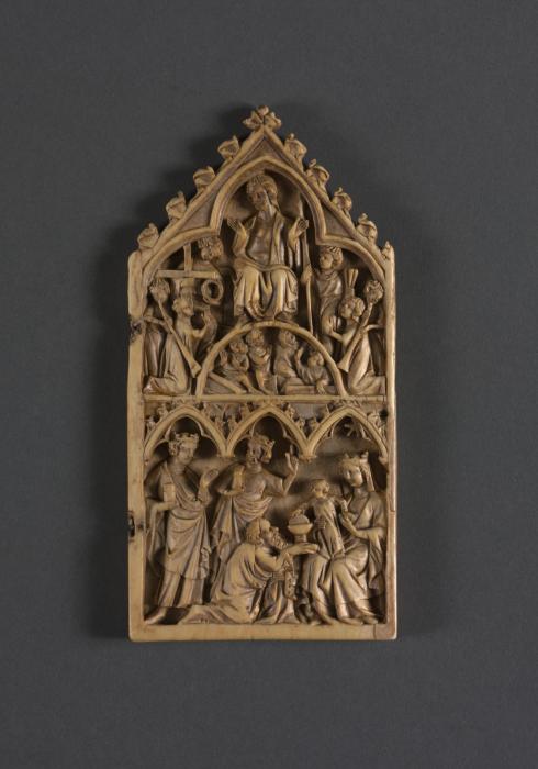 Gabled panel (fragment of a diptych; wing, right), 2 registers, 1 arch and 3 arches across (Front)