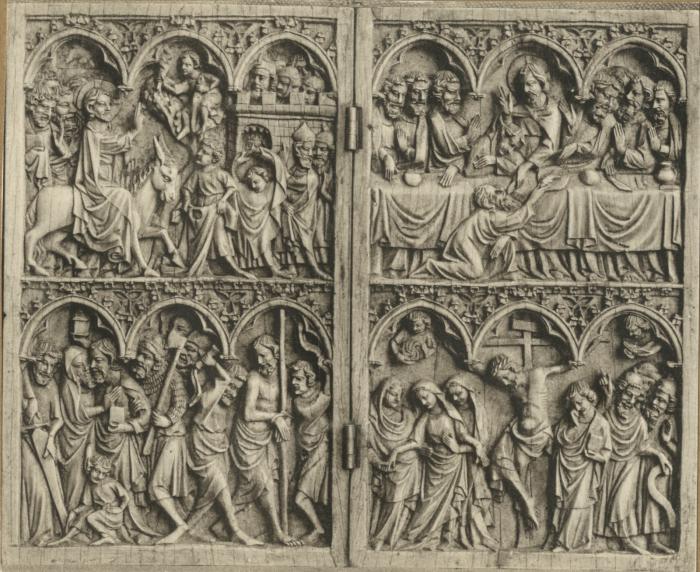 Diptych, 2 registers, 3 arches across, bands of rosettes (frise d'arcatures; décor de roses) (Front)