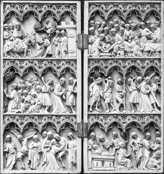 Diptych, 3 registers, 4 arches across (frise d'arcatures); known as the Vich Diptych (Diptyque de Vich) (Front)