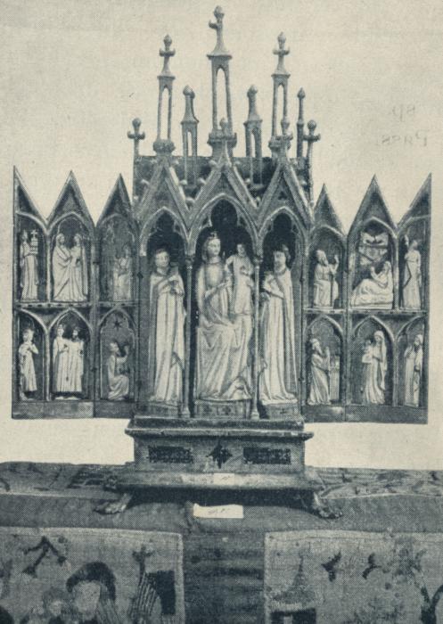 Gabled painted polyptych; reliefs in a wooden tabernacle (appliqués) (Front)