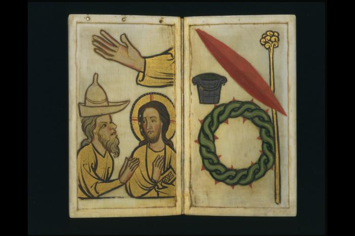 Devotional booklet, with covers, 1 register, 2 arches across and 6 painted panels (frise d'arcatures; plaquette) (Folios 5v-6r)