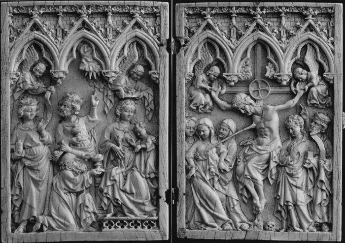 Diptych, 1 register, 3 arches across, bands of rosettes (plaquettes; frise d'arcatures; décor de roses); also known as the 'Kremsmünster Diptych' (Front)