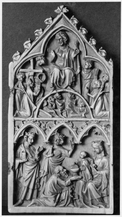 Gabled panel (fragment of a diptych; wing, right), 2 registers, 1 arch and 3 arches across (Front)