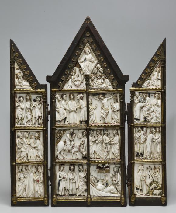 Panels (fragments), reused to form a gabled triptych, 4 registers (Front, open)